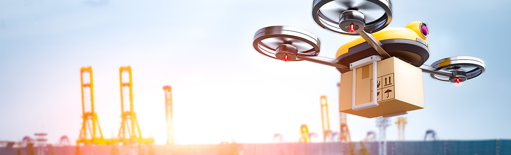 空の産業革命に対応する次世代ビジネスモデルの検討の挿絵、荷物を配達するドローン